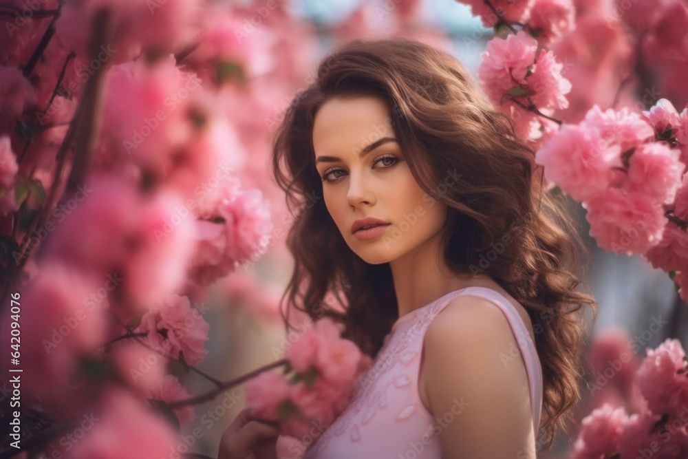 
Beautiful girl in pink vintage dress standing near colorful flowers. Art work of romantic woman .Pretty tenderness model looking at camera.
