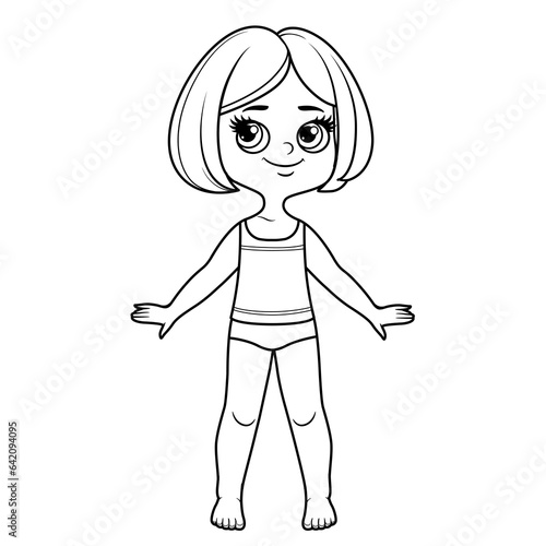 Cute cartoon girl with short bob haircut dressed in underwear and barefoot with outline for coloring on a white background