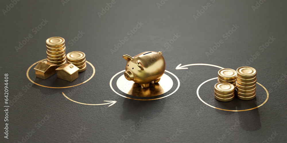 Concept Idea of Invest, Real estate business mortgage. generic golden coins and piggy bank, black background. Concept Idea of Invest, Real estate business mortgage. generic golden coins and piggy bank, black background.