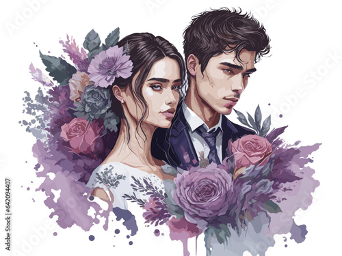  married couple with bouquet of flowers. Elegant groom and bride hand-painted illustration. Watercolor art isolated on white background. Template for wedding invitation, save the date, cards