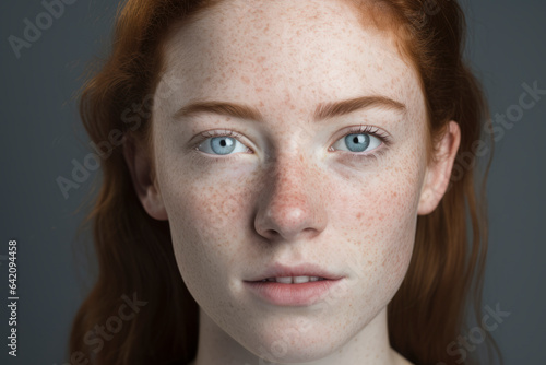 Freckles Woman portrait. Close-up. Beautiful dark red haired girl with freckles is looking to camera with blue city background,ai generate