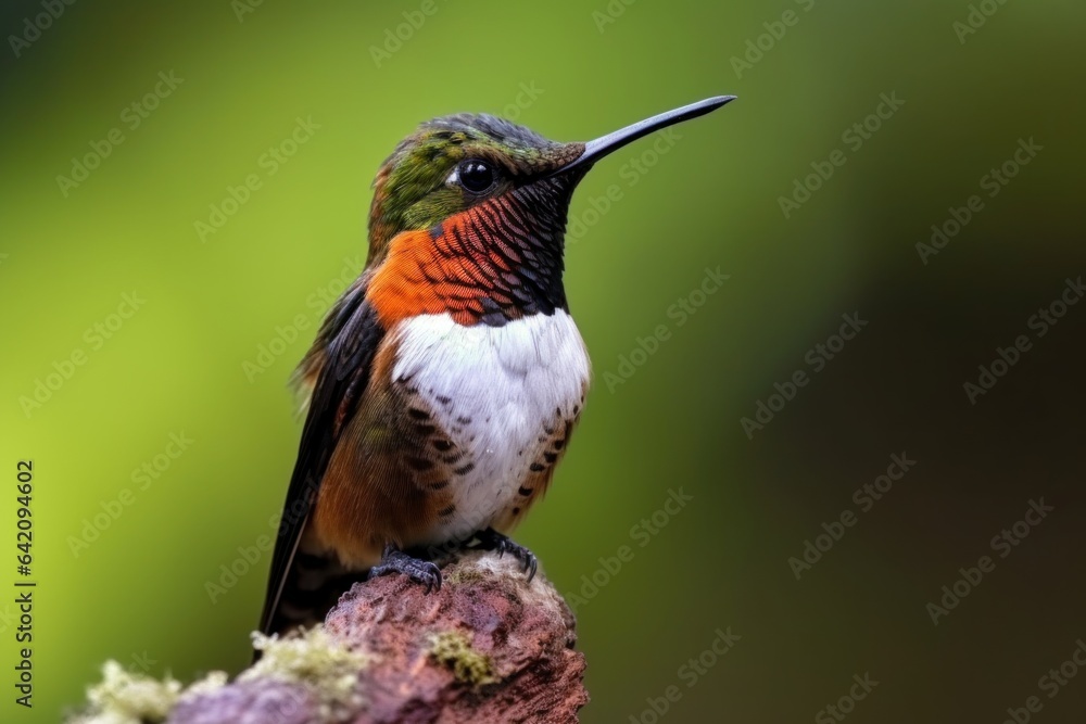 Fototapeta premium Fly detail, moving wings. White-bellied Woodstar, hummingbird with clear green background. Bird from Tandayapa, Ecuador. Flying hummingbird in tropical forest.