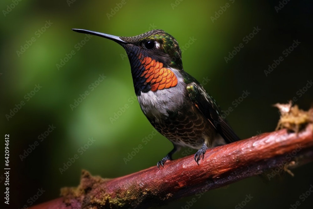 Naklejka premium Fly detail, moving wings. White-bellied Woodstar, hummingbird with clear green background. Bird from Tandayapa, Ecuador. Flying hummingbird in tropical forest.
