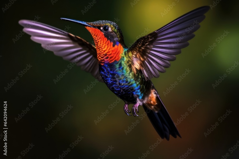 Fototapeta premium Fly detail, moving wings. White-bellied Woodstar, hummingbird with clear green background. Bird from Tandayapa, Ecuador. Flying hummingbird in tropical forest.