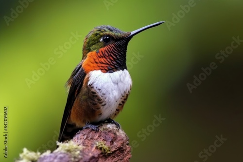 Fly detail, moving wings. White-bellied Woodstar, hummingbird with clear green background. Bird from Tandayapa, Ecuador. Flying hummingbird in tropical forest. photo