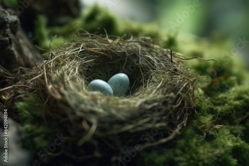 bird nest on tree branch with  blue eggs inside