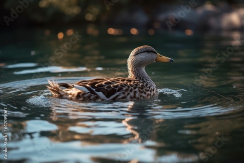 Female mallard duck. Portrait of a duck with reflection in clean lake water causing ripples on water near shore. © Владимир Германович