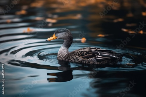 Female mallard duck. Portrait of a duck with reflection in clean lake water causing ripples on water near shore.