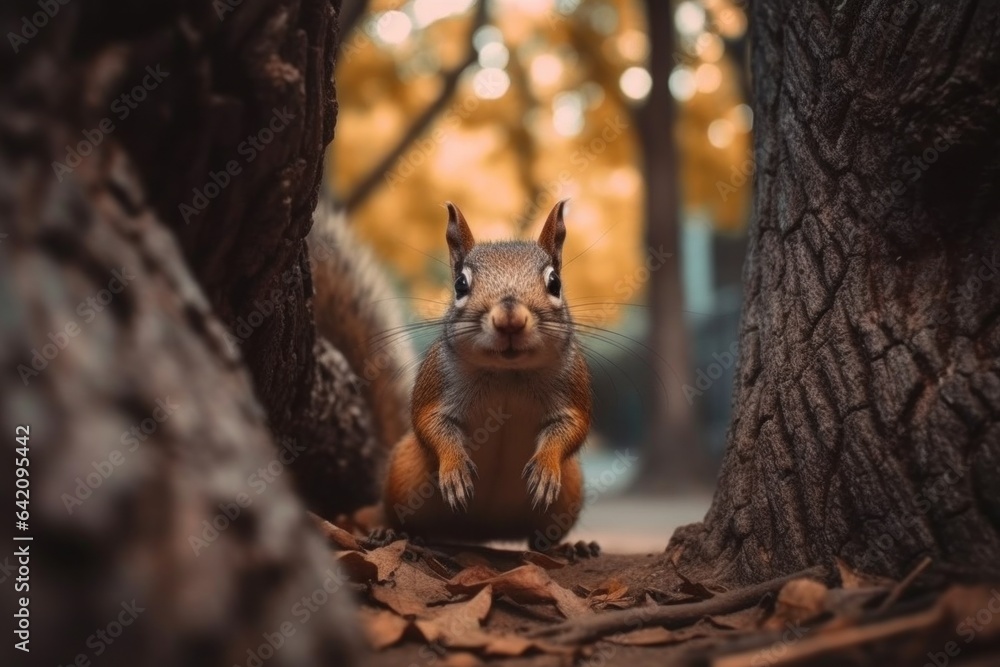 Portrait of fox squirrel sitting on branch isolated on green. Holds foreleg with nut on chest. Urban wildlife Portrait of fox squirrel sitting on branch isolated on green. Holds foreleg with nut on chest. Urban wildlife