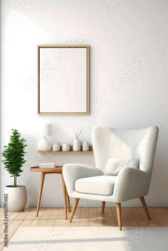 Wooden Photo Frame Mockup in white wall with modern interior design, table and decorative plant.