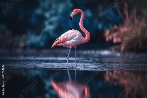 Beautiful flamingos walking in the water with green grasses background. American Flamingo walking in a pond.