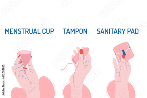 Menstruation period background. Hands hold sanitary pad tampon menstrual cup with inscriptions