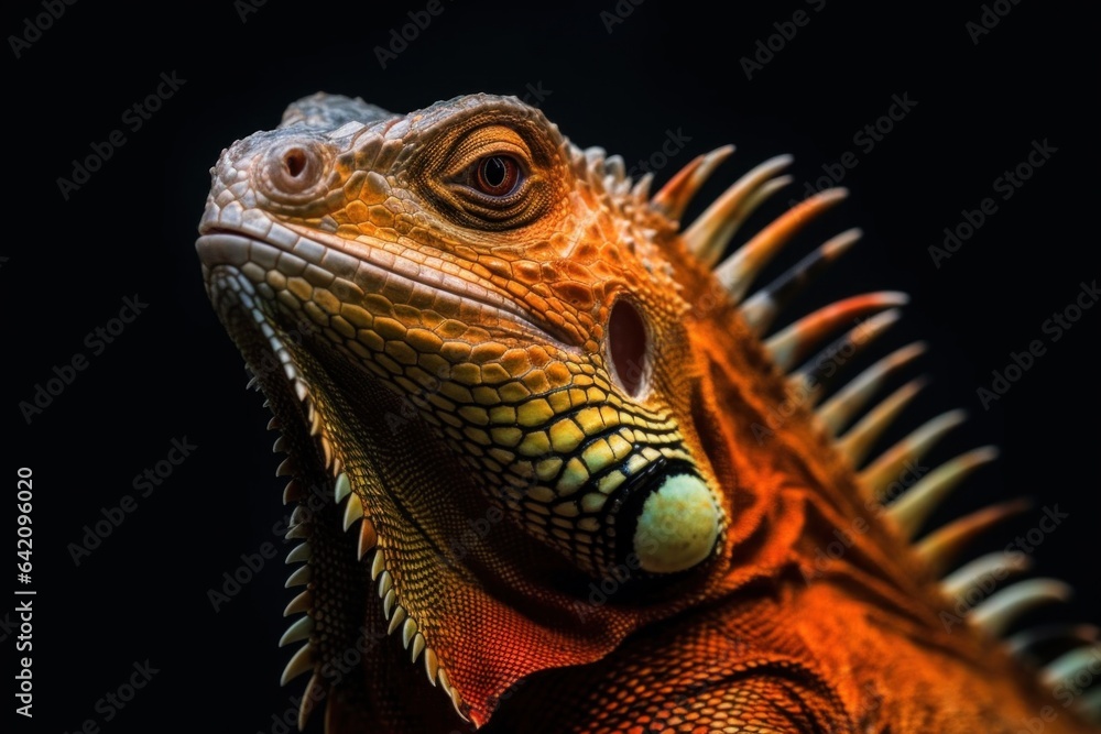 Shy animal, Orange green iguana reptile isolated on black background with reflection