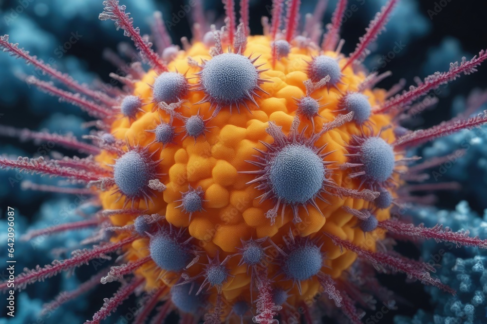 Eris Covid virus strain EG.5 under microscope. Generative AI Eris Covid virus strain EG.5 under microscope. Generative AI