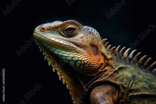 Shy animal  Orange green iguana reptile isolated on black background with reflection
