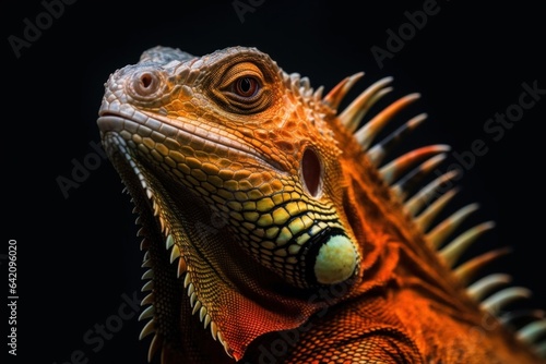 Shy animal  Orange green iguana reptile isolated on black background with reflection