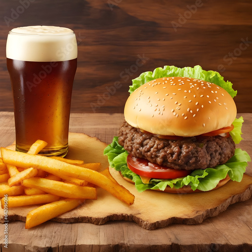 Fast food. A big burger with beef and a glass of beer. On a wooden background. 