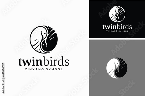 Two Asian Fowl Taoist Yin Yang Symbol. Beauty Rotation Twin Pigeon Dove Rooster Birds Thai Chi logo design