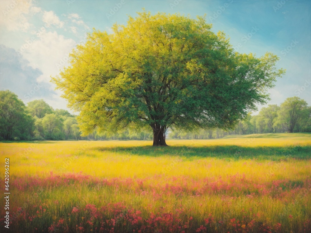 A vibrant, abstract painting of a sunlit meadow with a single tree in the center. 
