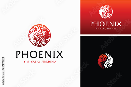 Two Phoenix Fenix Firebirds Taoist Yin Yang Symbol. Beauty Rotation Twin Pigeon Dove Rooster Birds Thai Chi logo design