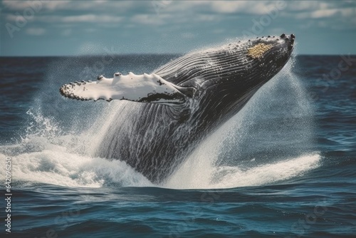 Humpback whale jumping out of the water in Australia. The whale is spraying water and ready to fall on its back.