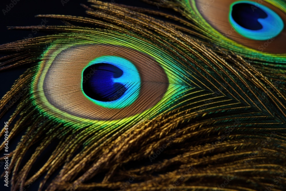 Obraz premium Colorful and Artistic Peacock Feathers. This is a macro photo of an arrangement of luminous peacock feathers.