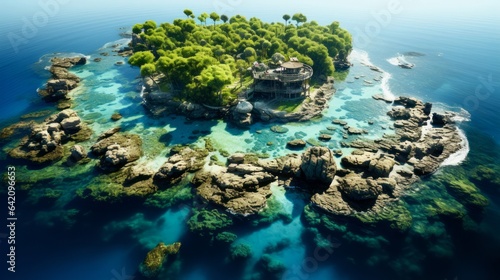 Drone aerial footage of the beautiful islands in the sea. Blue natural clear water and green island. Generative AI.