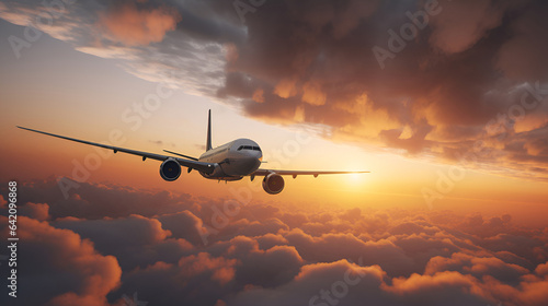 Passenger plane flies among the clouds of sunset sunbeams in pink and purple colors. Copy space for text. Top view. Generation AI photo