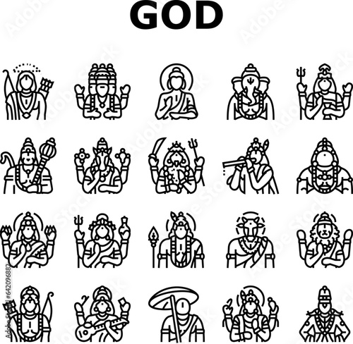 god indian hindu lord krishna icons set vector. india vishnu, hinduism janmashtami, art shiva, festival mythology, flute deity god indian hindu lord krishna black contour illustrations