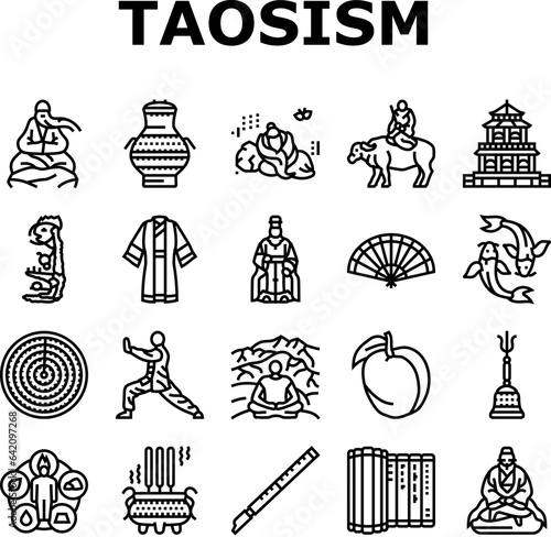 taoism yang yin ying chinese icons set vector. harmony philosophy, china religion, yinyang fish, ghost jang, book carp taoism yang yin ying chinese black contour illustrations
