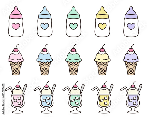 哺乳瓶とアイスクリームとクリームソーダのかわいいベクターイラストアイコンセット