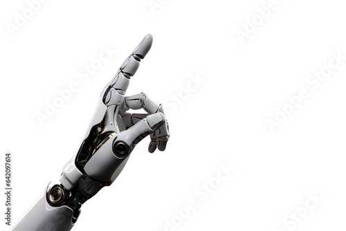 White robot hand isolated on white background. Robotic cyborg arm raising one finger in an upward direction, pointing. Png with transparent background, cutout. photo