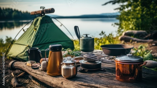 Camping equipment like gear, pots and tent near the lake created with Generative AI photo