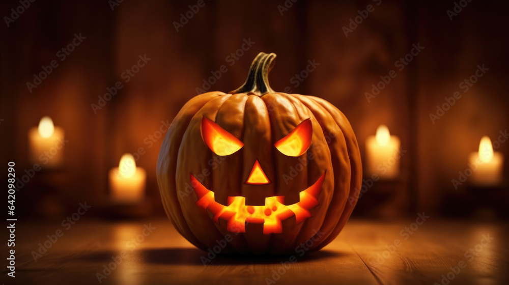 Fototapeta premium Scarry halloween Pumpkin on a wooden background