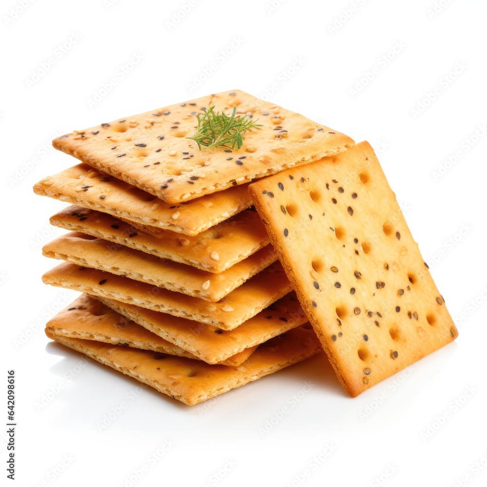 Fototapeta premium Golden crispy crackers on the white background. Generative AI.