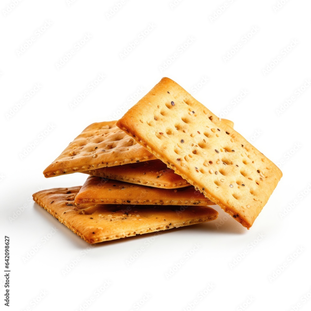 Golden crispy crackers on the white background. Generative AI. Golden crispy crackers on the white background. Generative AI.