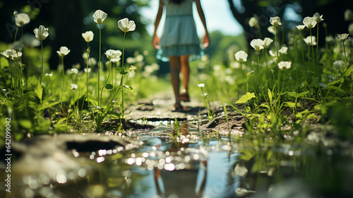 Child walking in water road with grass.