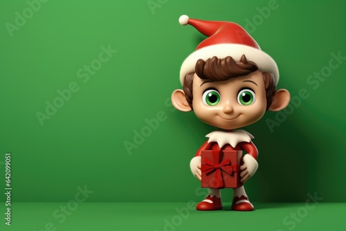Cute Cartoon Elf with Big Eyes Holding a Christmas Present on a Green Background with Space for Copy