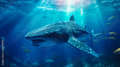 Picture massive whale sharks swimming gracefully through the water, showcasing the awe-inspiring size and presence of these magnificent creatures. AI Generated 8K.