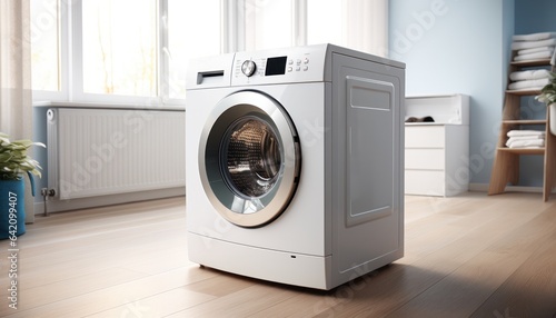 a new washing machine in a bright, cozy laundry room is ready to be connected. 