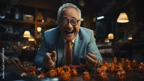 Elderly man playing with a toys at home.