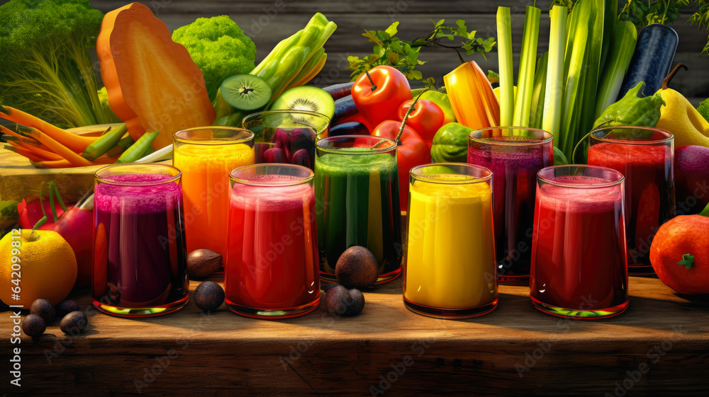 Image of colorful vegetable juices, including carrots, beets, and bell