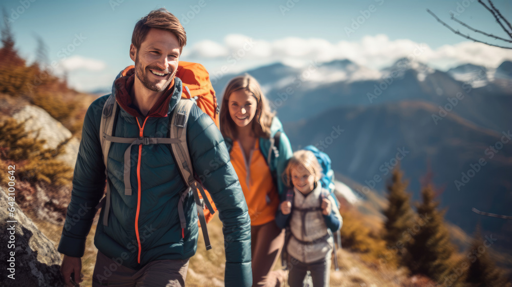 Family of parents and children hiking in nature