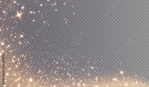 Christmas background. Powder dust light PNG. Magic shining gold dust. Fine, shiny dust bokeh particles fall off slightly. Fantastic shimmer effect. Vector illustrator. 