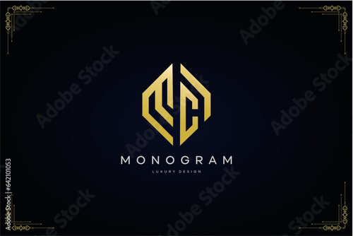 luxurious letter MC logo with gold line art hexagon shape vector design template