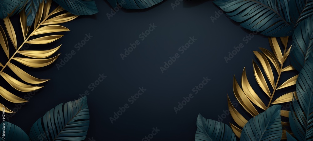 Frame made of abstract blue gold tropical leaves, isolated on dark blue texture background, top view - Luxurious leaf illustration - obrazy, fototapety, plakaty 