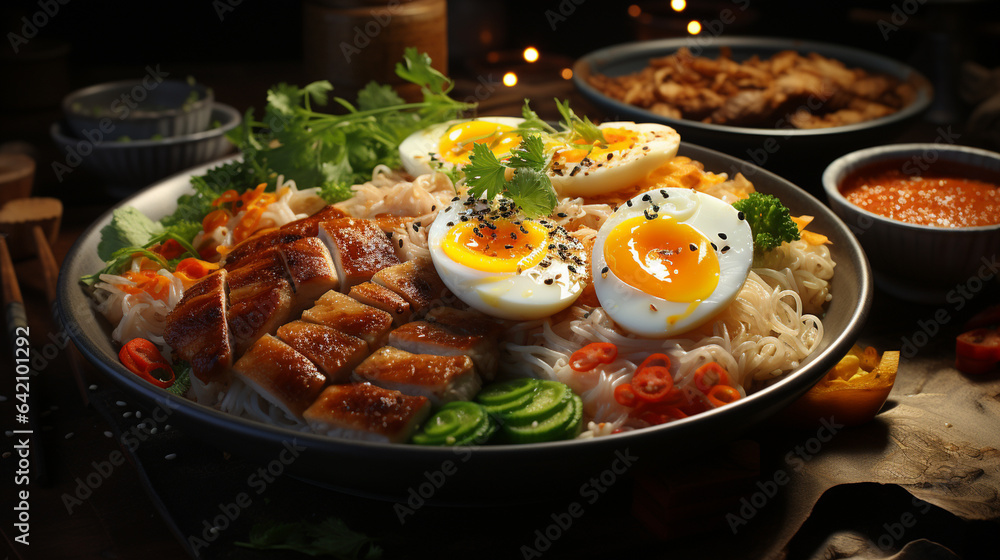 Noodles and chicken fillet slices. Noodles and chicken fillet slices.