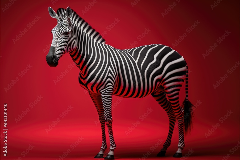 Fototapeta premium Bold and Striking: A Zebra's Majestic Presence on a Vibrant Red Studio Background