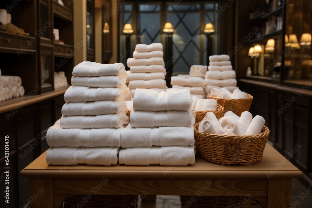 stacks of white towels in a boutique. Home textile, beautiful rolled white bath towels on a shelf. stacks of white towels in a boutique. Home textile, beautiful rolled white bath towels on a shelf.
