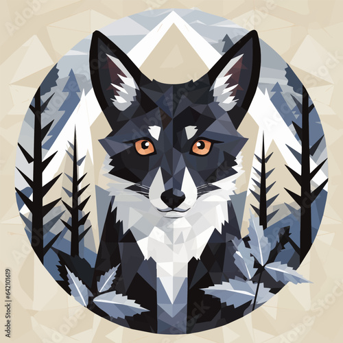 Close-up portrait of a magnificent gray fox with big ears in the winter forest. Vector illustration of a beautiful wild animal looking at you